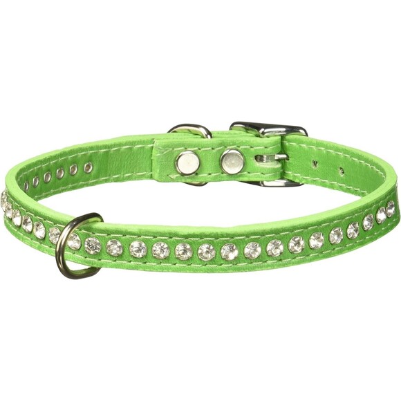Signature Leather Crystal Dog Collar, Kiwi Solid Grain Leather, Fits 11.5"-13.5" - Picture 1 of 4